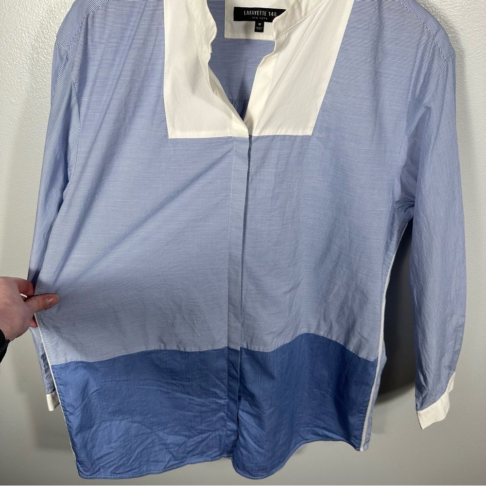 Lafayette 148 Blue White Pinstripe Chambray Colorblock Tunic Blouse Size Medium - Picture 4 of 15